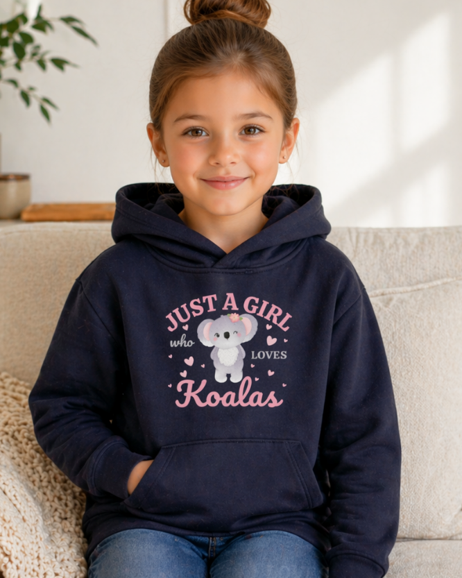 Girl wearing navy koala kids hoodie indoors with jeans lifestyle image