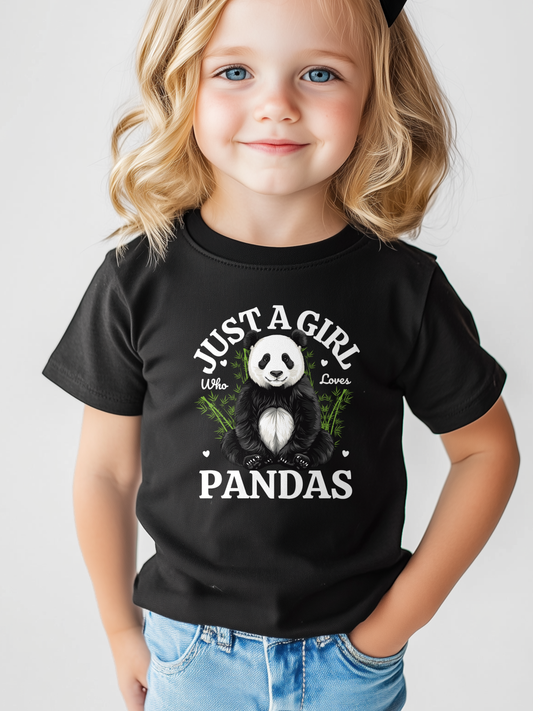 Young girl wearing a black Just a Girl Who Loves Pandas T-shirt with cute panda and green bamboo graphic