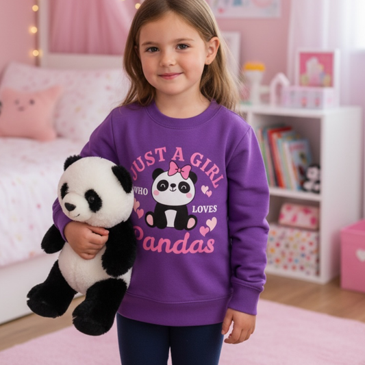 Young girl wearing a purple sweatshirt with panda design in a room.