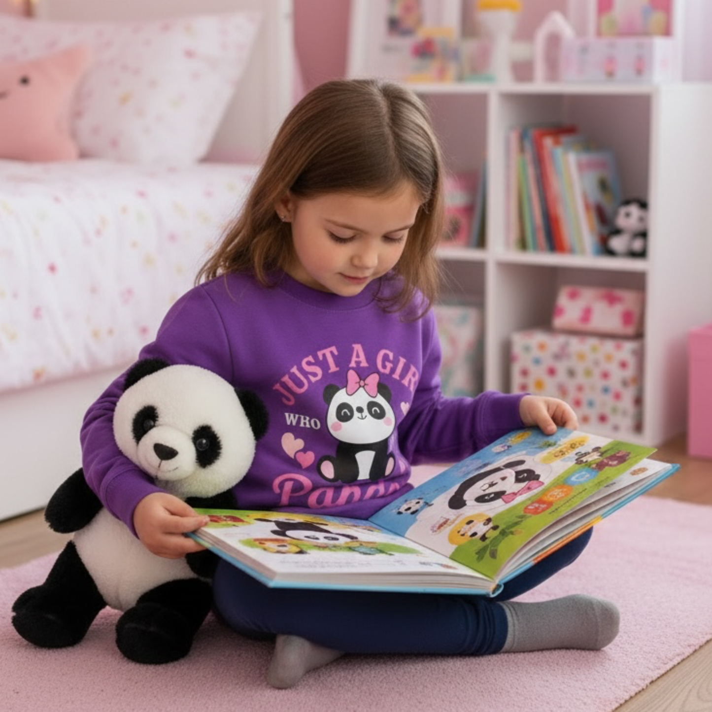 Child reading a book with a wearing a panda sweatshirt holding a panda plush toy in a cozy room.