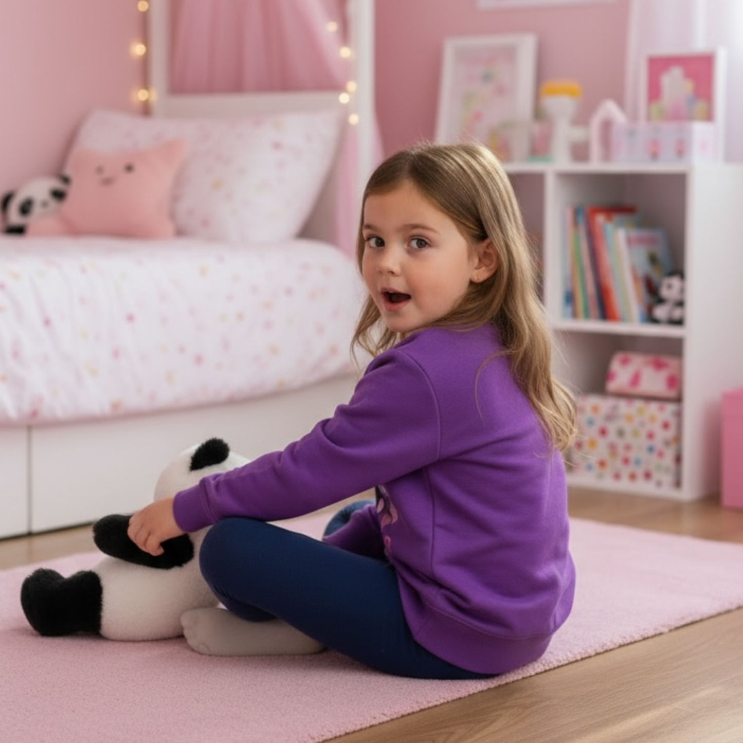 Child in a purple panda jumper- back view, holding a panda plush toy in a bedroom.