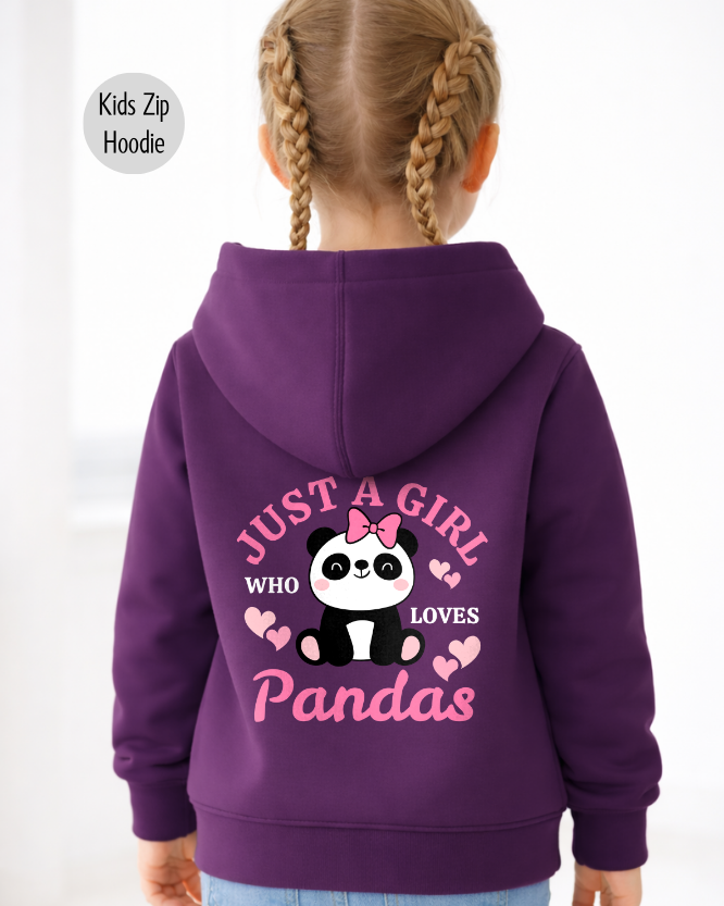 Young girl wearing purple Just A Girl Who Loves Pandas kids zip hoodie with panda back print and pink heart design