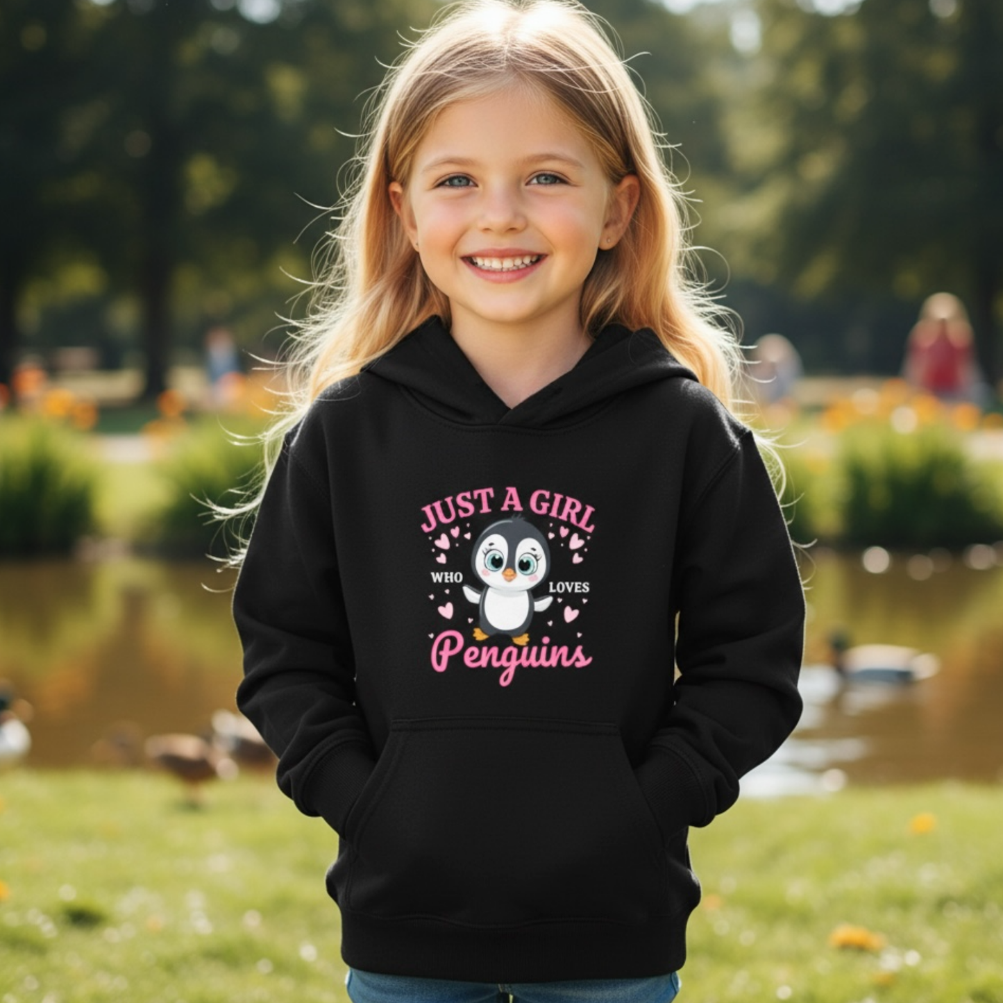 Young girl wearing a black hoodie with a penguin design and text, standing outdoors by a pond.