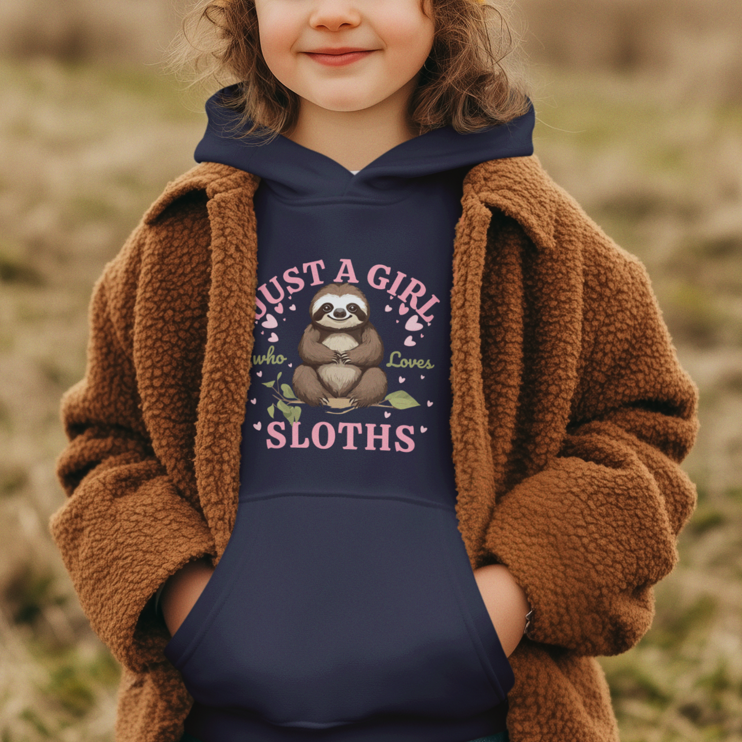 Young girl wears navy hoodie with a cute sloth illustration and text that reads 'Just a Girl Who Loves Sloths'. 