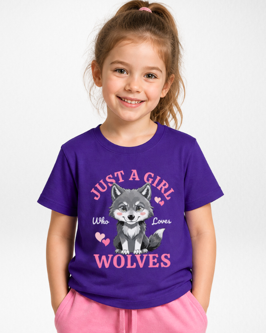 Girls purple “Just a Girl Who Loves Wolves” t-shirt with cute wolf pup graphic, kids animal lover tee ages 3–13