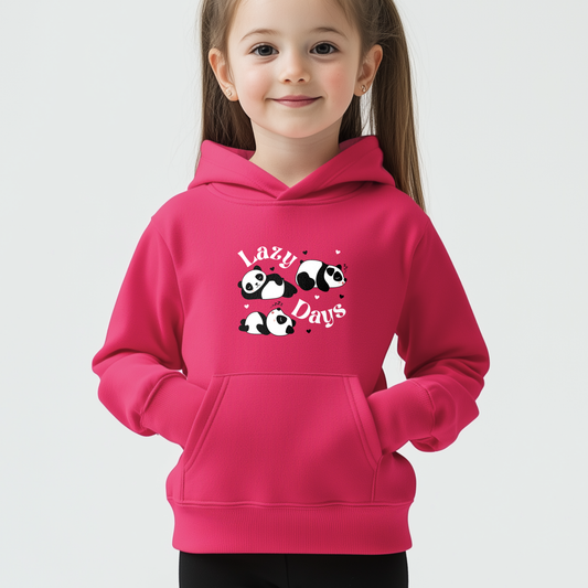 A young girl modelling a hot-pink hoodie with “Lazy Days” graphic featuring three cute pandas snoozing.