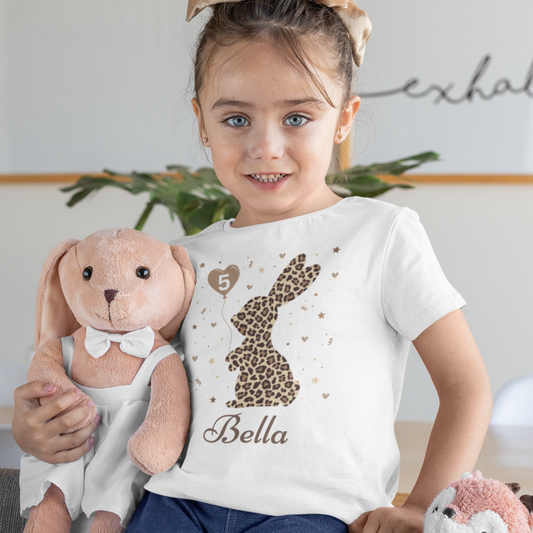 Girls Personalised Birthday Leopard Print Bunny Rabbit T-shirt | 3 - 13 years