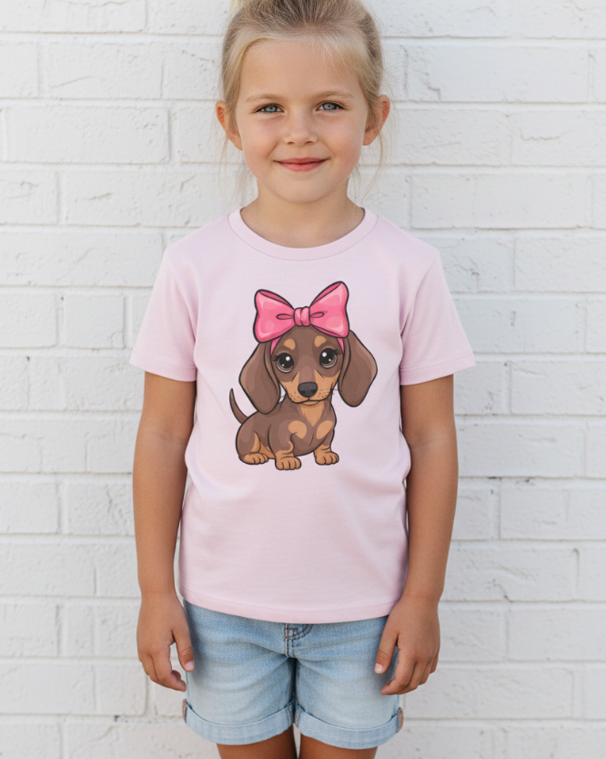 Young girl wearing light pink dachshund t-shirt with big pink bow dog graphic, styled with denim shorts against white brick wall