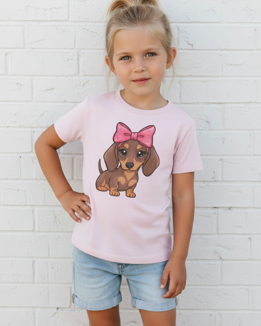 Girl modeling light pink kids dachshund graphic t-shirt with pink bow design and denim shorts, outdoor white brick background