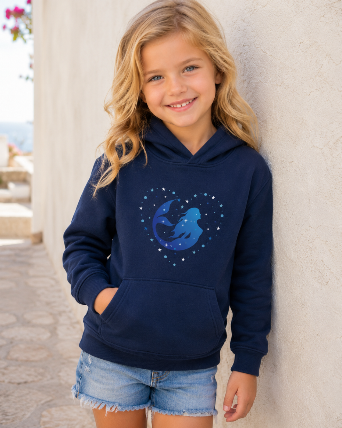 A young girl with blonde hair smiling and leaning against a textured beige wall on holiday. She is wearing a navy blue hoodie with a blue mermaid graphic inside a heart on the chest, paired with denim shorts.