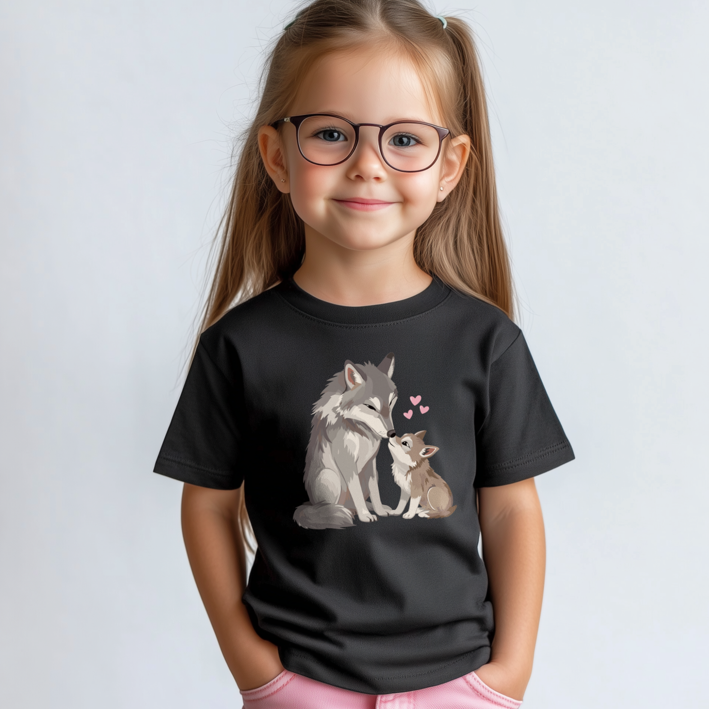 Smiling young girl wearing glasses and a black T-shirt with a cute wolf and pup illustration and pink hearts, kids wolf family tee for ages 3–13.
