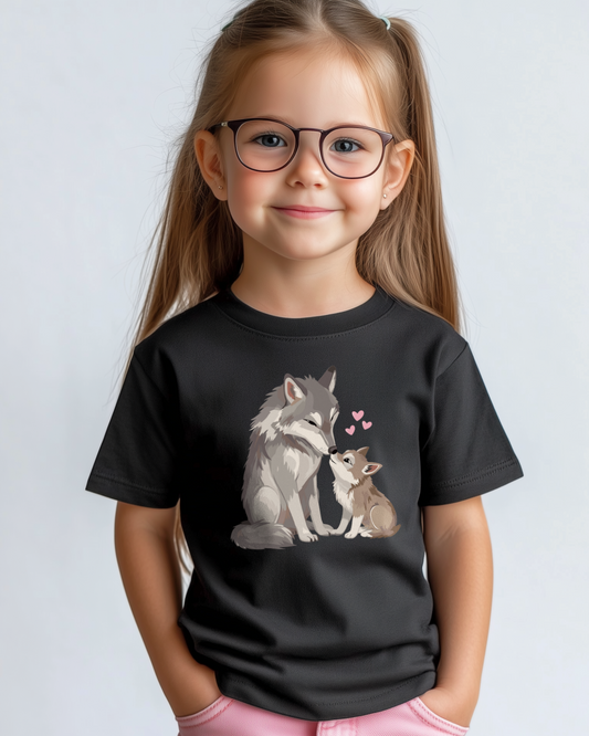 Smiling young girl wearing glasses and a black T-shirt with a cute wolf and pup illustration and pink hearts, kids wolf family tee for ages 3–13.