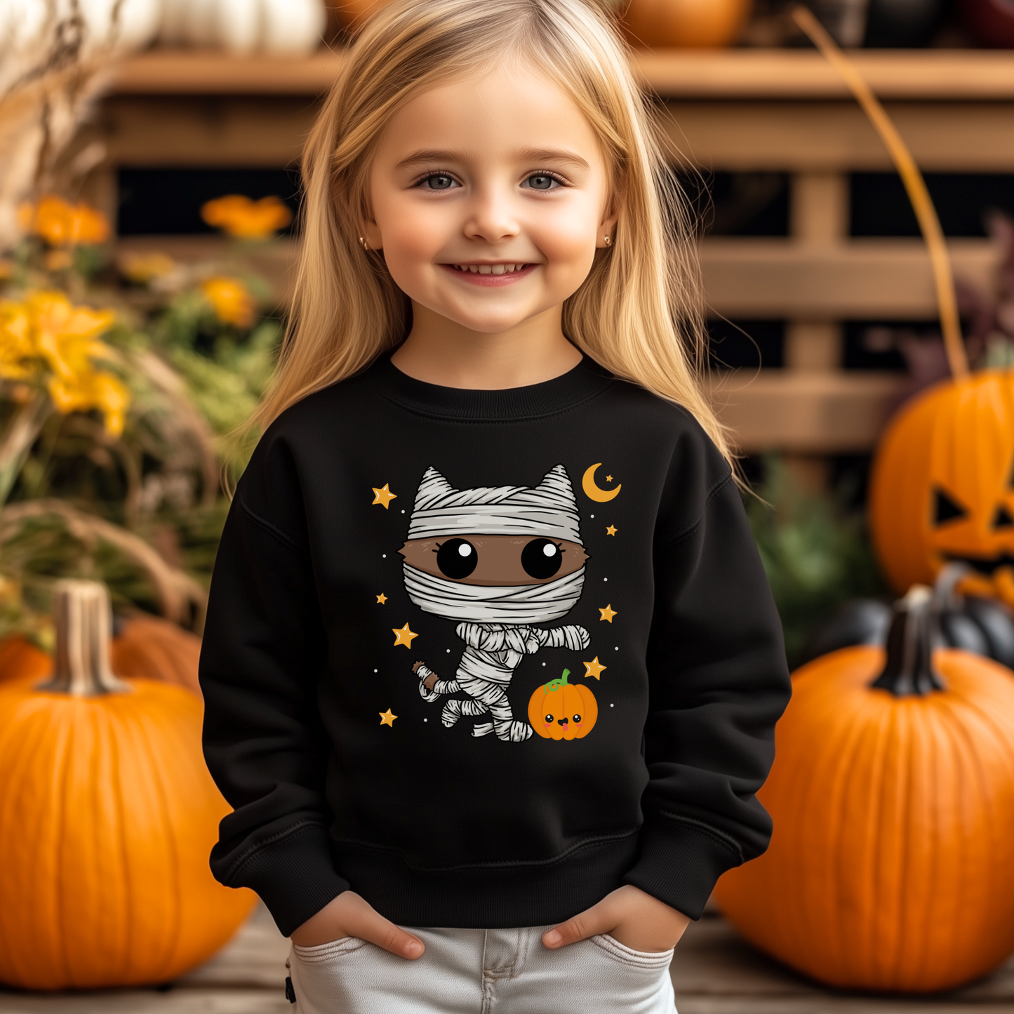 Kids Mummified Cat and Pumpkin Sweatshirt | 3 - 13 years