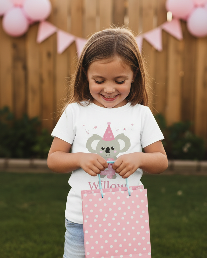 4th birthday girl wearing personalised koala birthday t-shirt with name Willow, holding pink gift bag at garden party