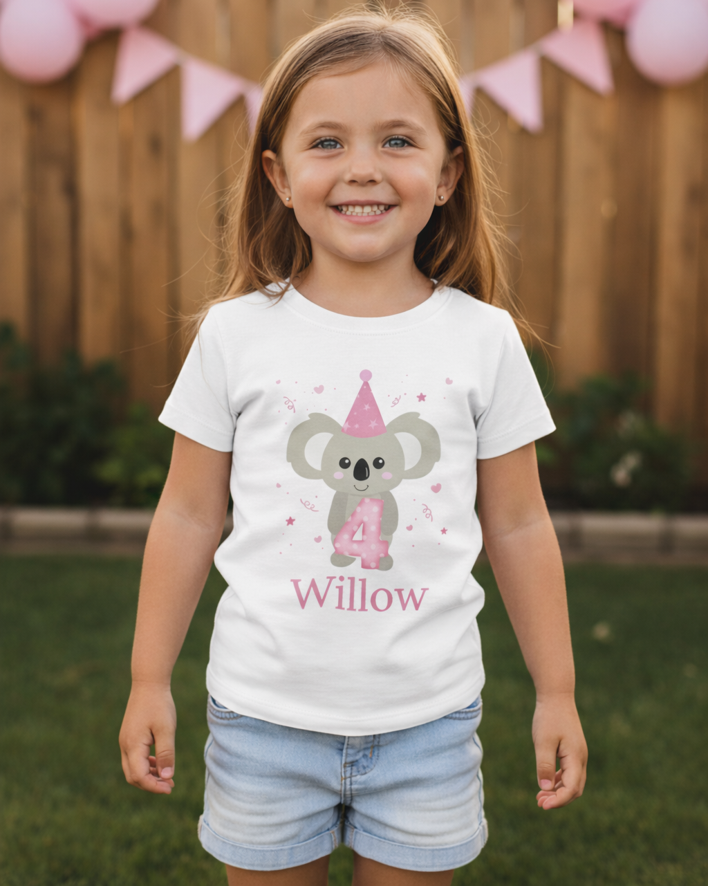 Personalised 4th birthday koala t-shirt for girls with custom name Willow, worn at outdoor garden party