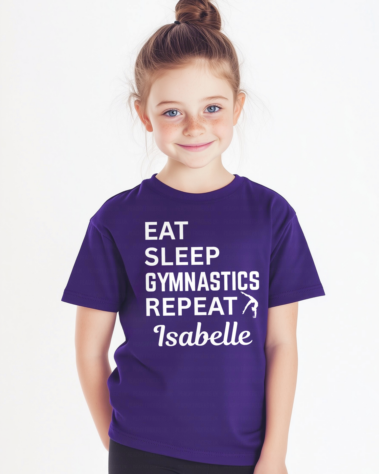 Girl wearing a personalised “Eat Sleep Gymnastics Repeat” kids t-shirt in purple with custom name Isabelle, gymnastics tee for children