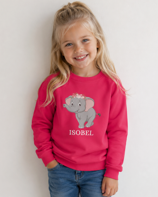 Girl wearing personalised floral crown elephant hot pink sweatshirt with name Isobel