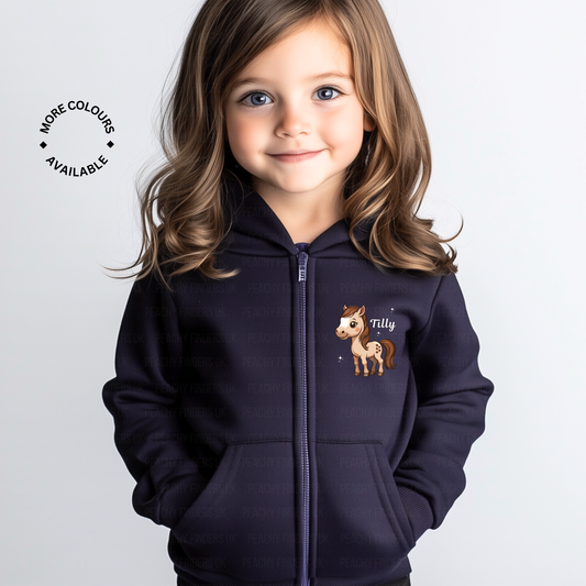 Personalised Girls Horse Zip Hoodie – Custom Name Equestrian Sweatshirt (3-13 Years)