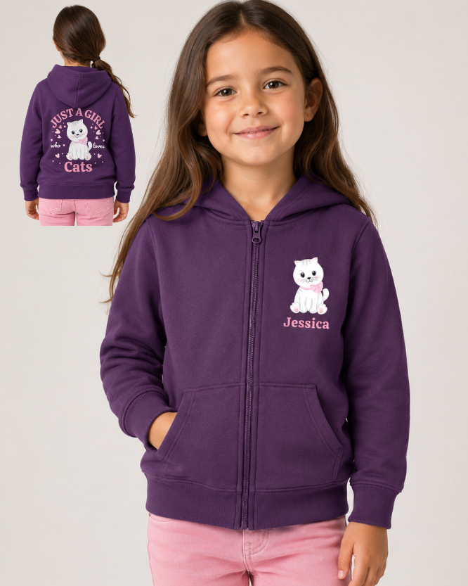 A young girl wearing a purple zip-up hoodie with a white cat graphic and the name 'Jessica' on the front, shown against a light grey studio background. A smaller inset in the top left shows the back of the hoodie with the text 'JUST A GIRL CATS' and a cat graphic.