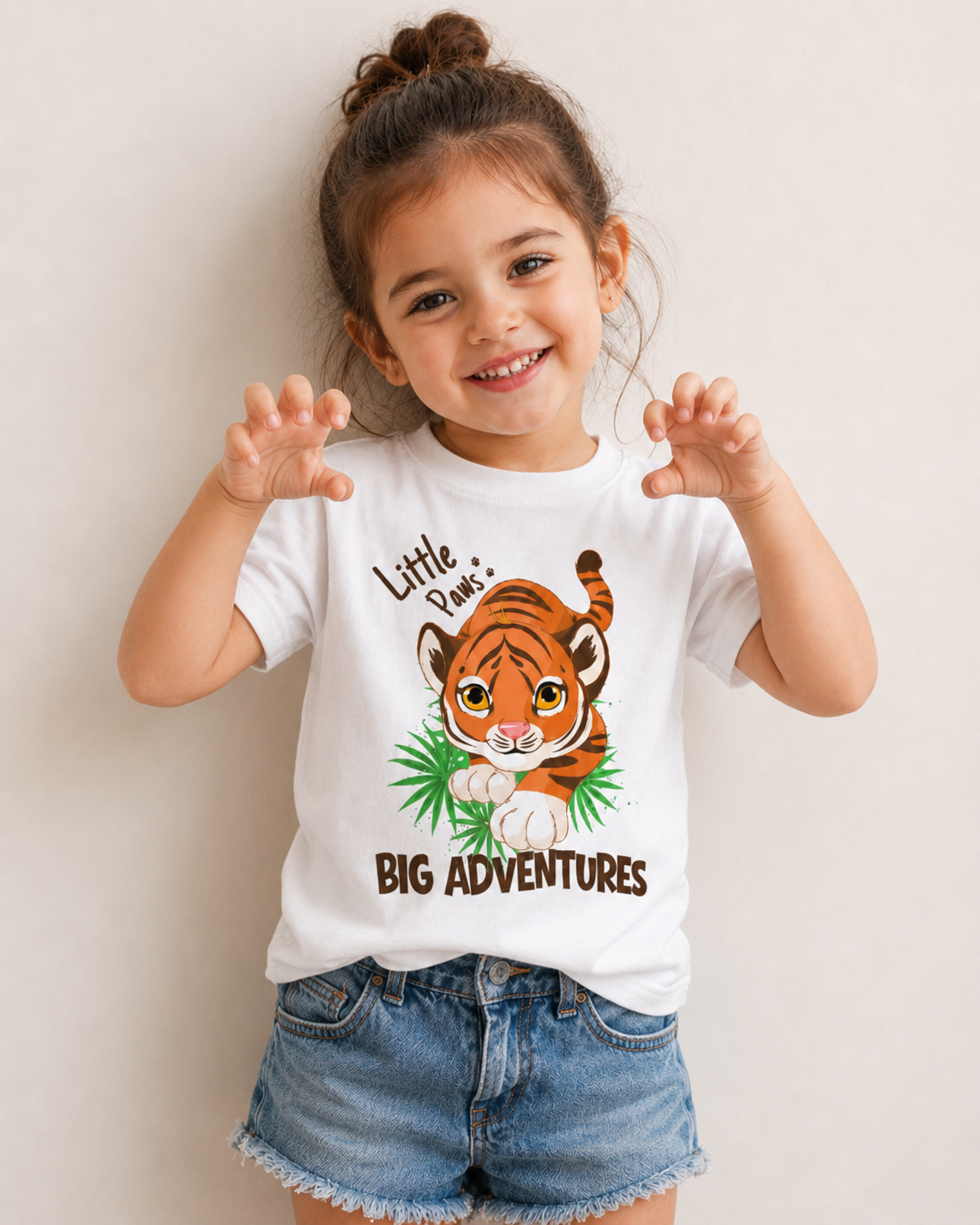 A young girl with her hair in a bun smiles while wearing a white graphic t-shirt with a cartoon tiger and the text 'Little One's BIG ADVENTURES', paired with denim shorts against a plain light beige wall.