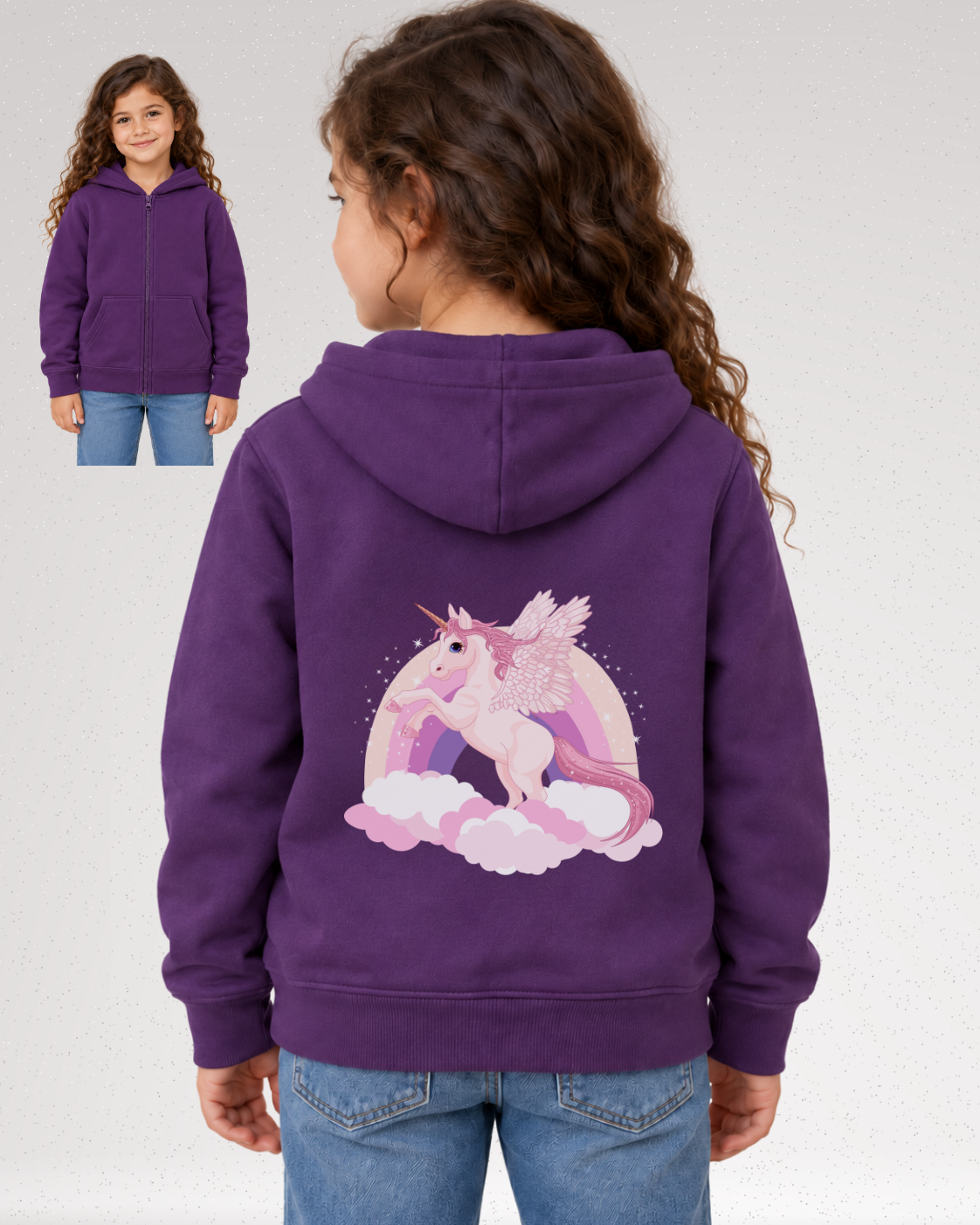 Purple girls’ zip hoodie shown from the plain front, with a smaller rear view showing the pink winged unicorn and clouds back print.