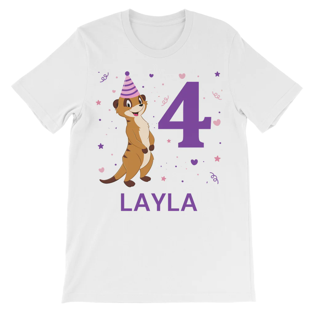 Girls 4th birthday meerkat cotton t-shirt - party hat wearing meerkat, confetti and hearts design with custom name and number
