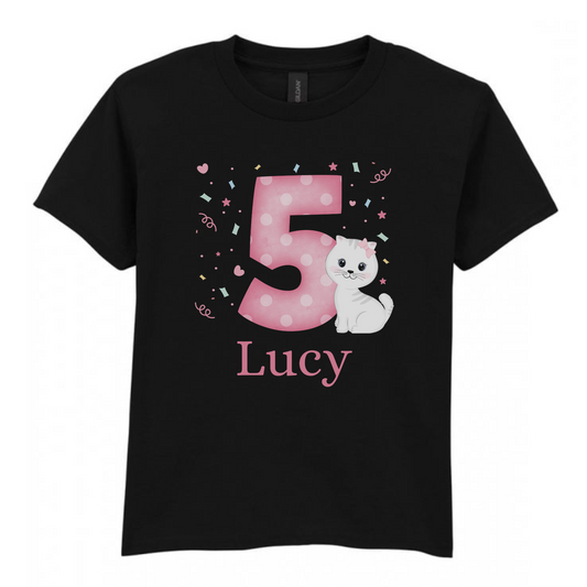 Girls Cute Cat Birthday T-shirt | 3 - 8 years