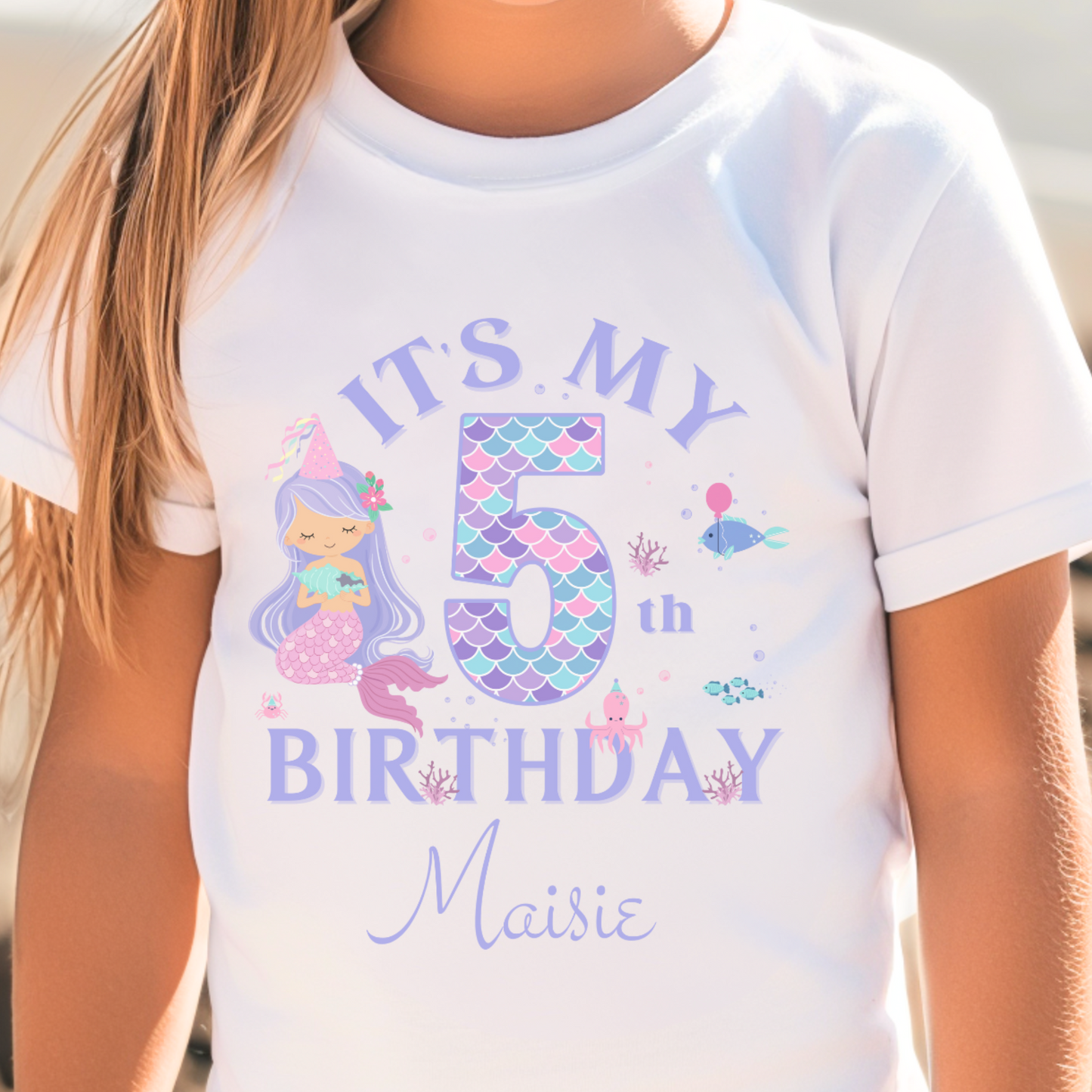 Girls Personalised Mermaid Birthday T-shirt | 3 - 9 years