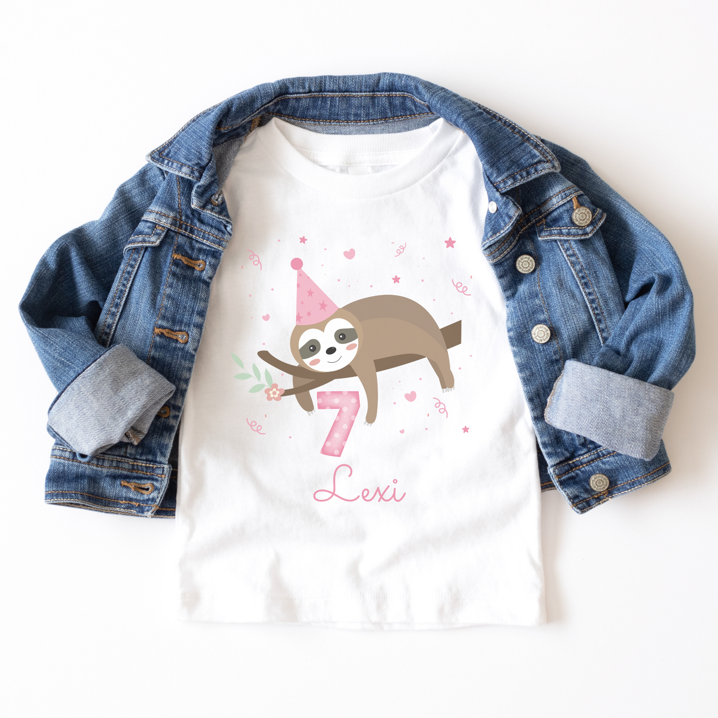 Girls Personalised Birthday Sloth T-shirt | 3 - 8 years