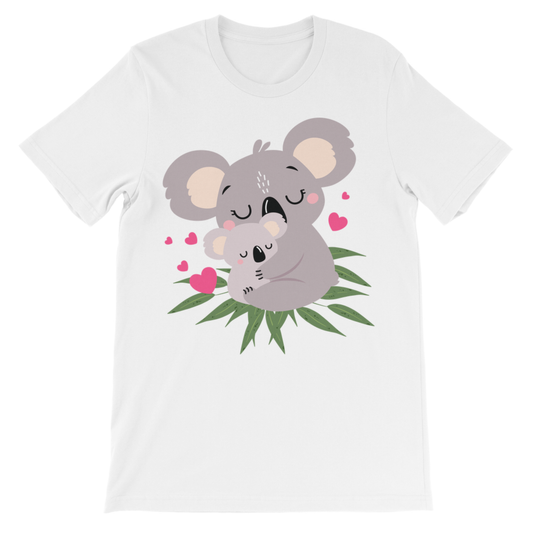Girls white cotton tee featuring a cute baby and mum koala embracing with scattered pink hearts and green eucalyptus leaves
