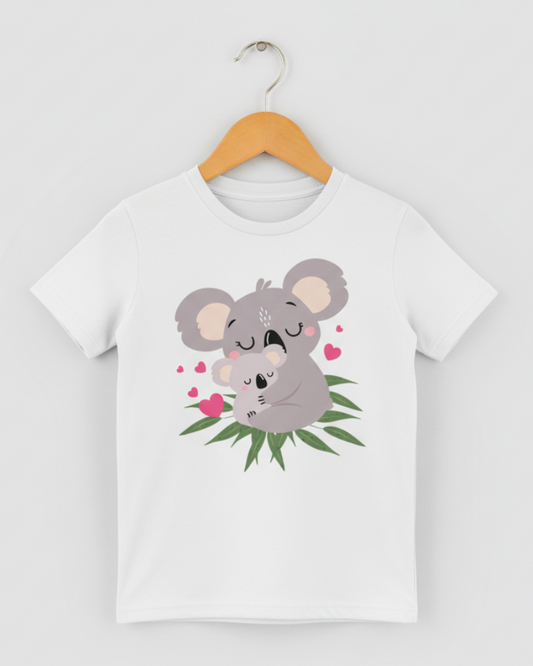 Girls white short sleeve T-shirt on wooden hanger featuring a cuddly koala and baby koala graphic with pink hearts and green leaves.
