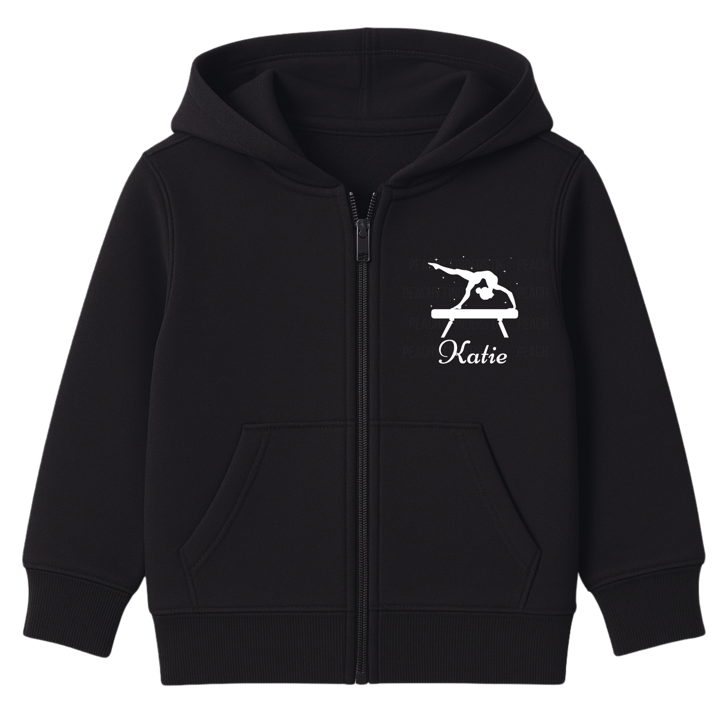 Girls zip-up hoodie in black with a white balance-beam gymnast and personalised name on the left chest.