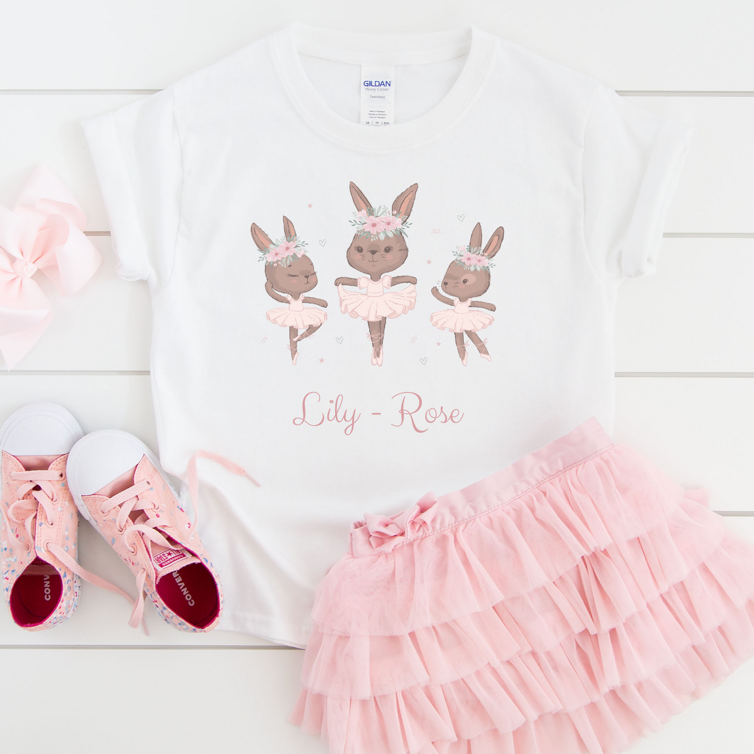 Girls personalised white t-shirt with printed ballerina bunnies 