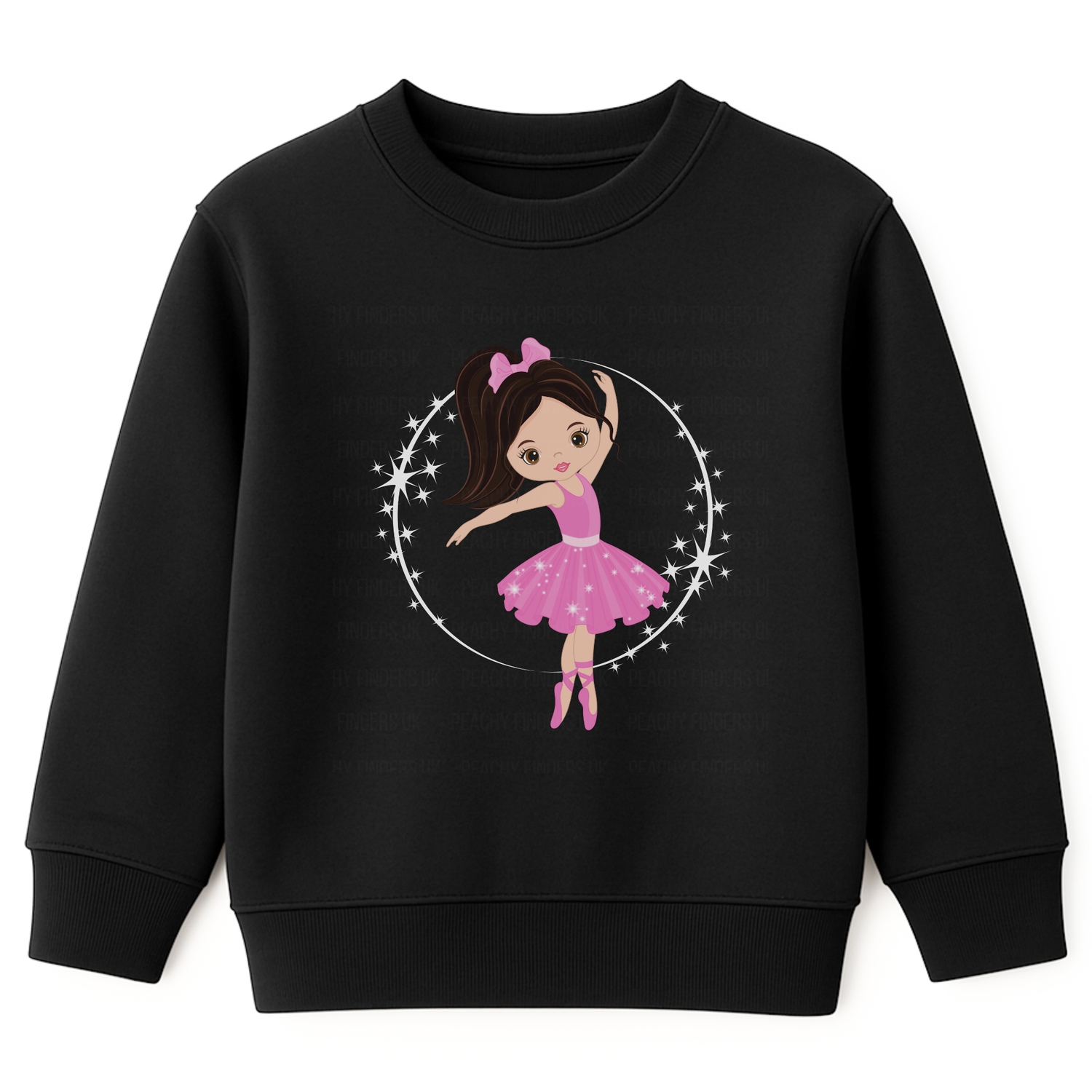 Girls black sweatshirt featuring a cute cartoon ballerina in a pink tutu and bow, dancing inside a circle of stars. 