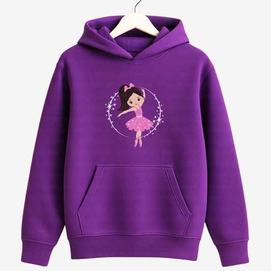 Purple hoodie for girls aged 3-13 with ballerina and star circle design, on wooden hanger.