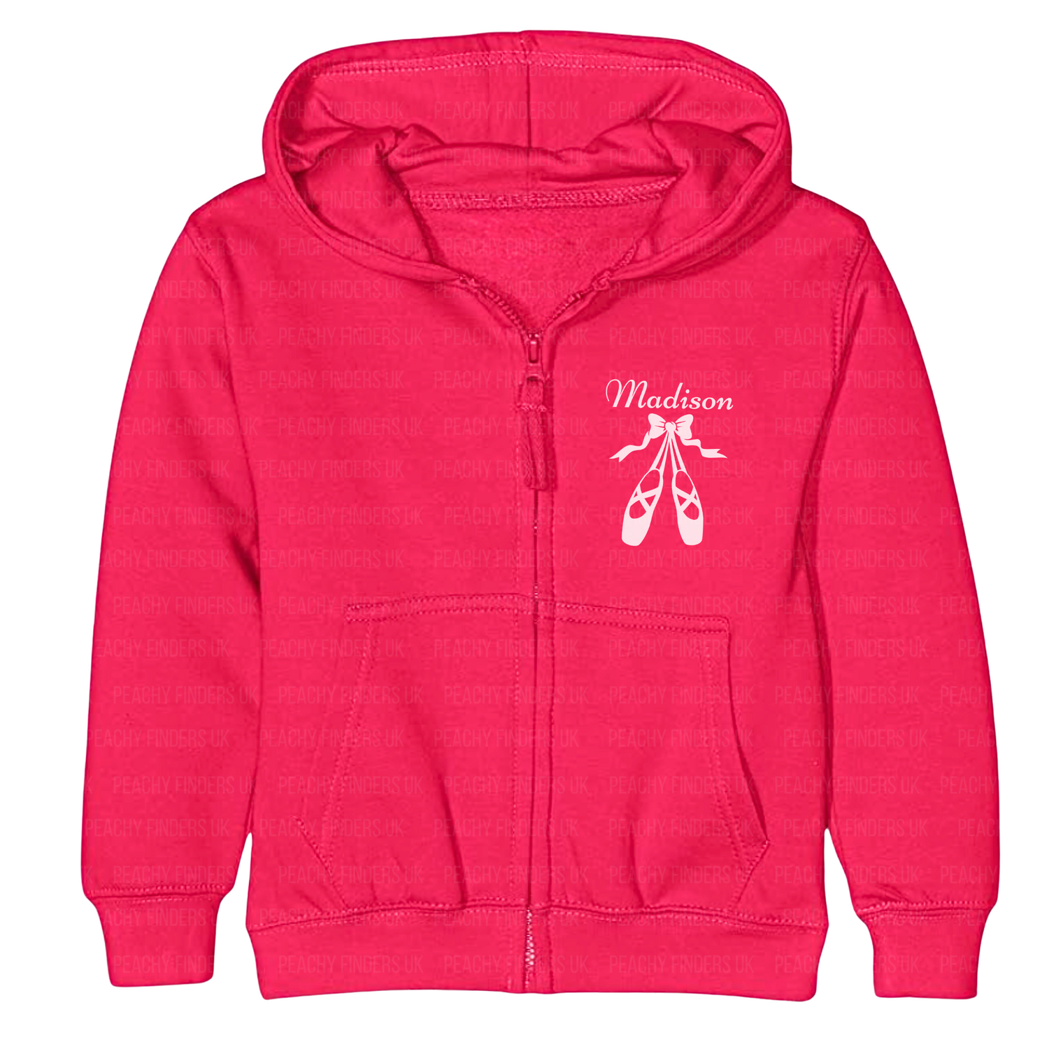 Kids hot pink full zip hoodie with ballet shoes graphic and custom name.