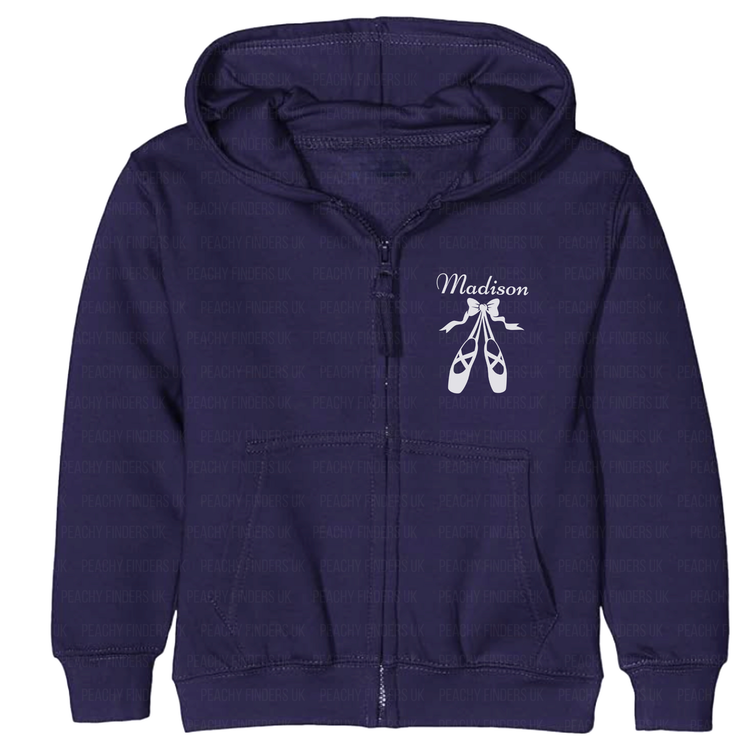 Kids navy full zip hoodie with ballet shoes graphic and custom name.
