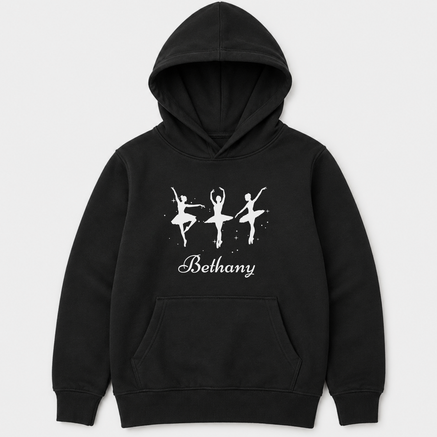Kids custom name ballet pullover hoodie in black - flat lay product