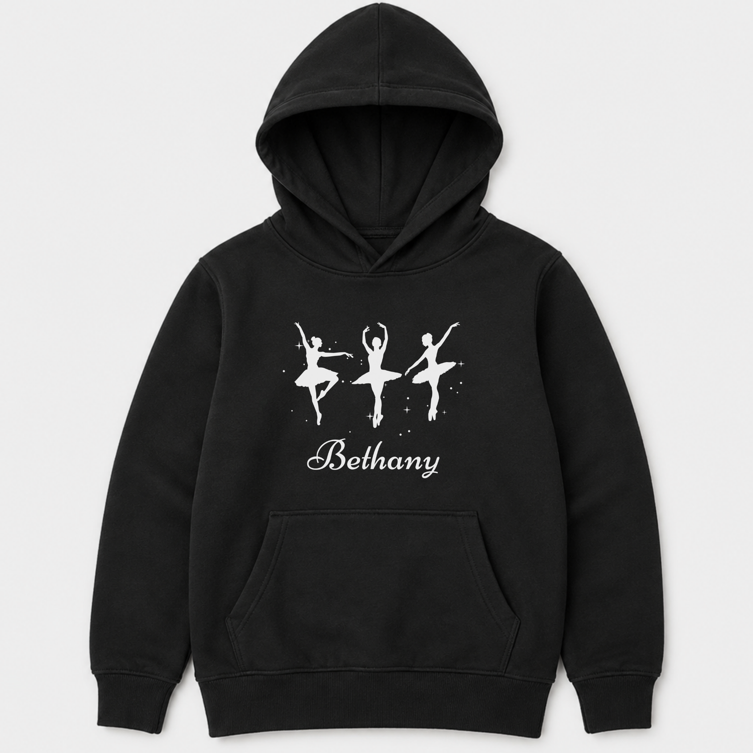 Kids custom name ballet pullover hoodie in black - flat lay product