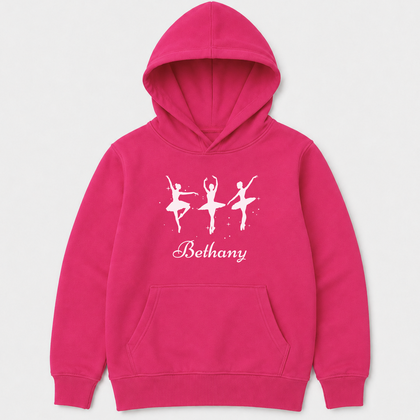 Girls hot pink pullover hoodie featuring three elegant ballerina silhouettes printed on the front, with a custom-name underneath
