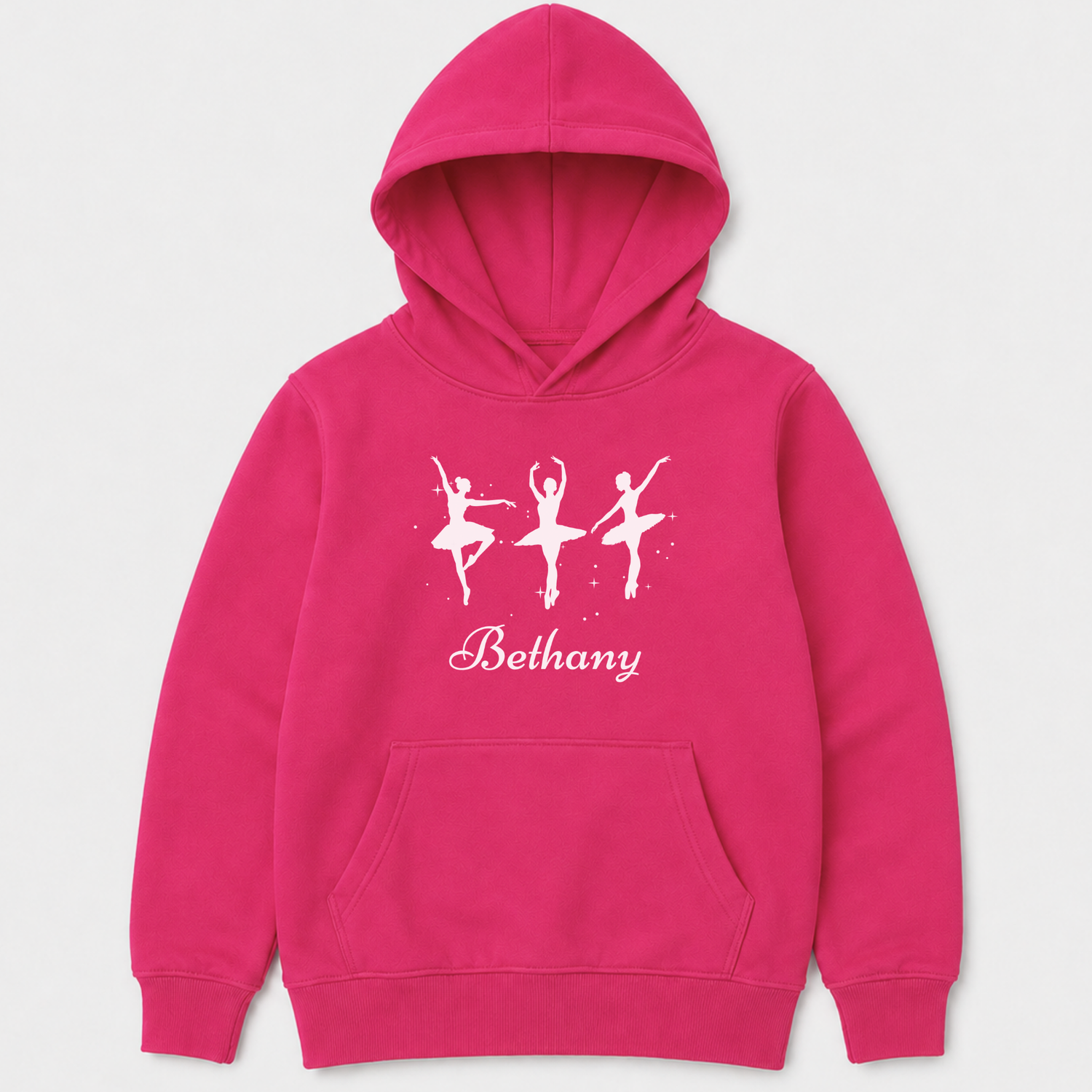 Girls hot pink pullover hoodie featuring three elegant ballerina silhouettes printed on the front, with a custom-name underneath
