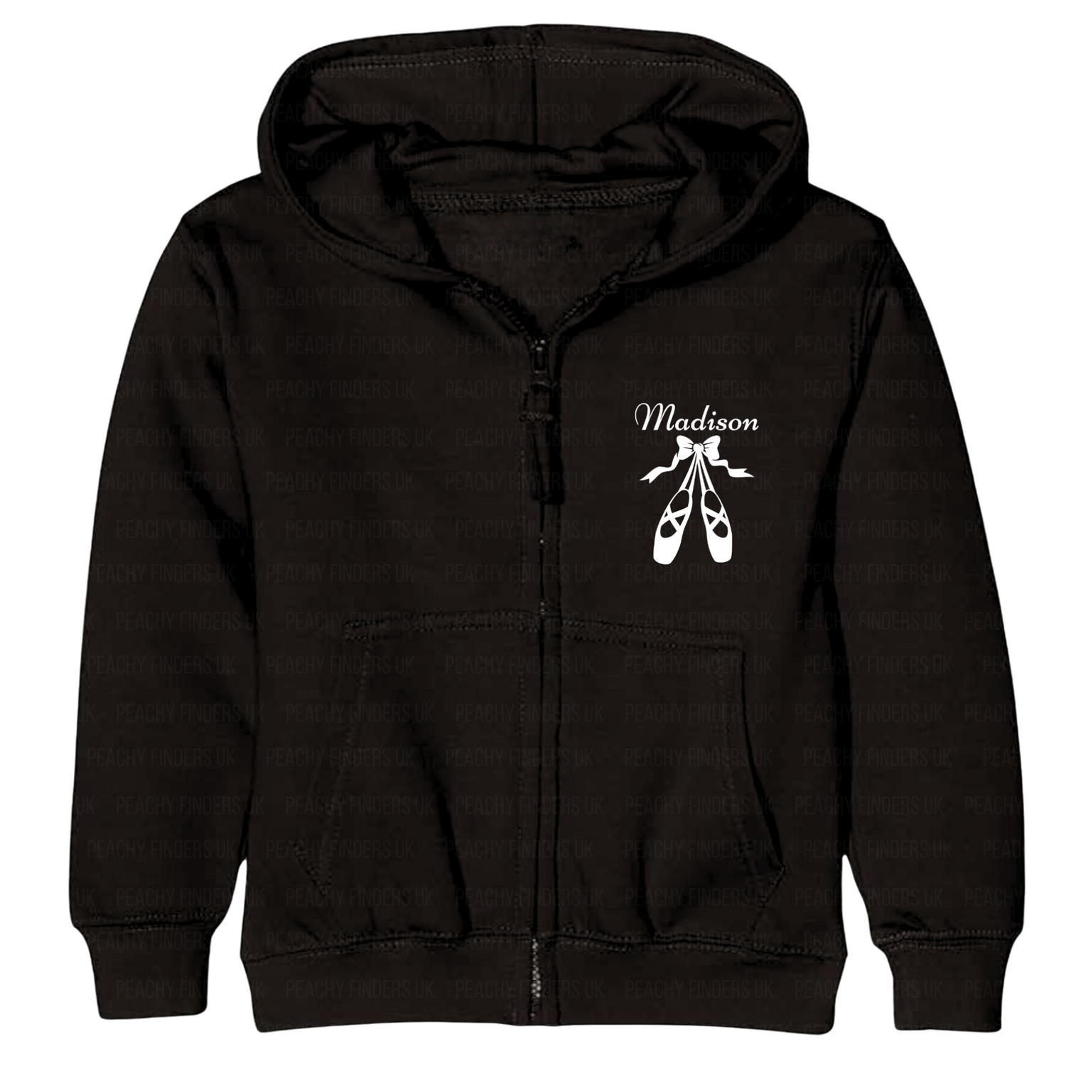Kids black full zip hoodie with ballet shoes graphic and custom name.