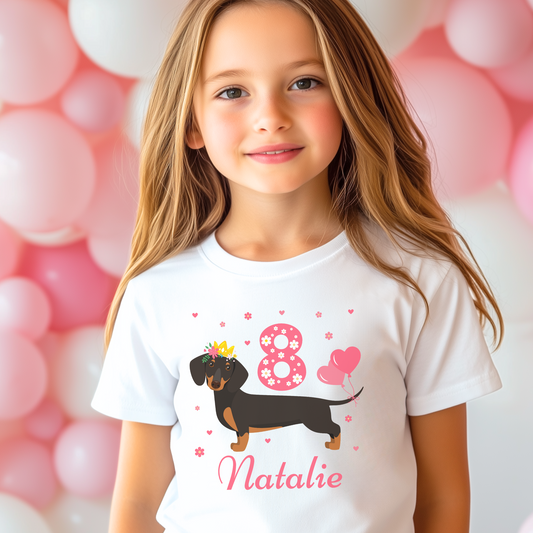 Girls Personalised Birthday Dachshund T-shirt | 3 - 11 years