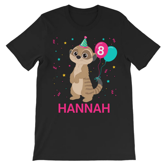 Kids personalised meerkat birthday t-shirt with name and balloons