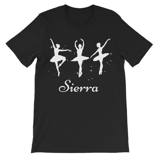 Girls black personalised ballet t-shirt with three white ballerina silhouettes a custom name printed beneath the design