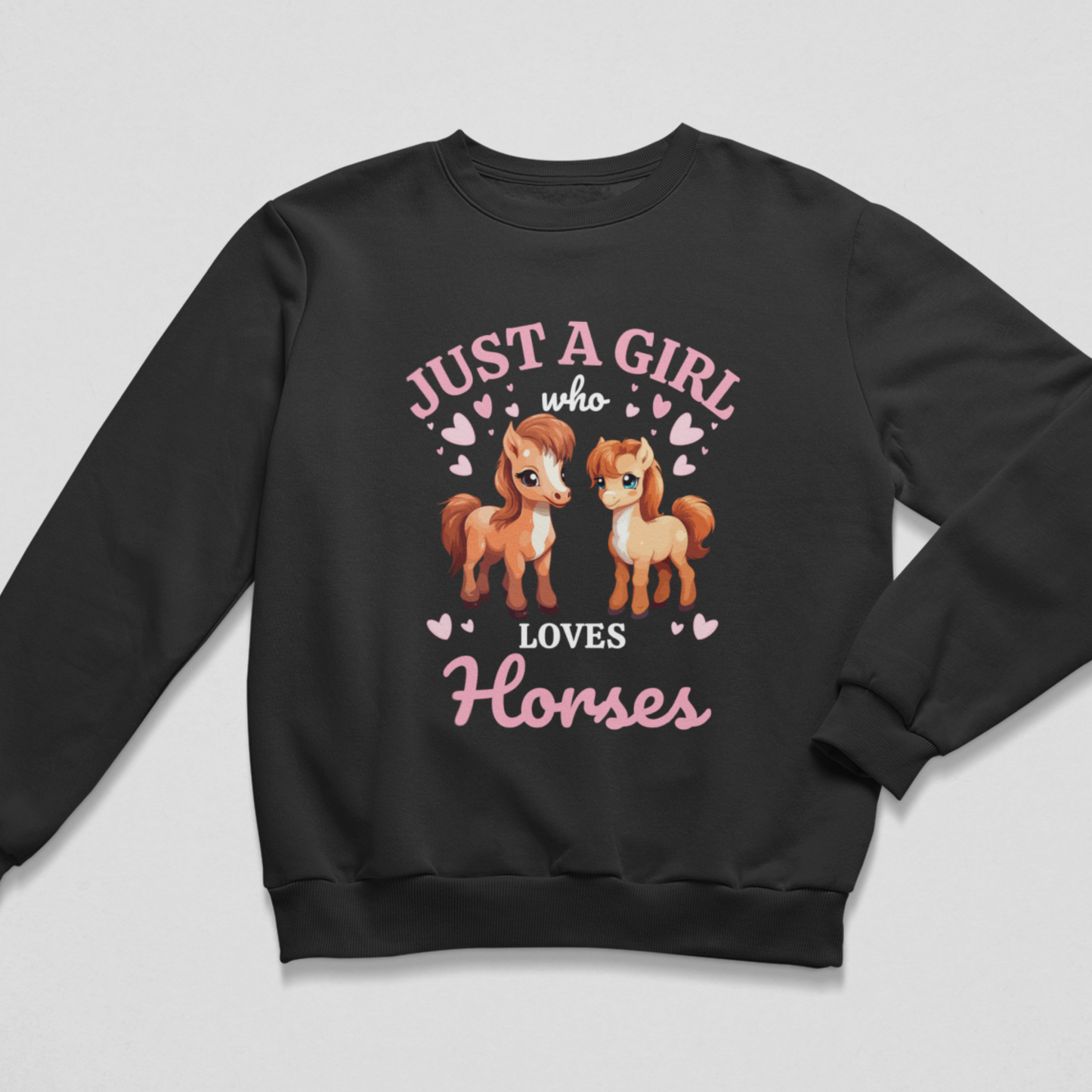 Black girls’ Just a Girl Who Loves Horses sweatshirt featuring two illustrated ponies and pink hearts.