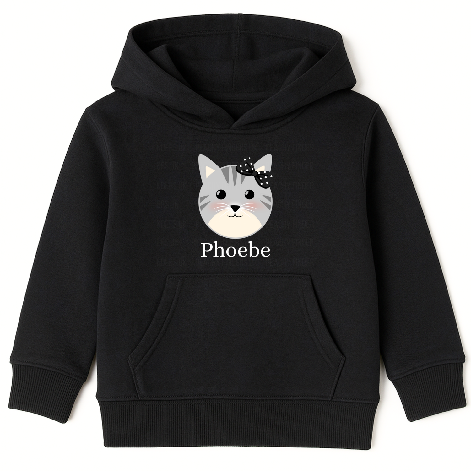 Girls cat graphic with custom name; black hoodie featuring a grey kitten face with pink cheeks and a black polka-dot bow to the cats ear.