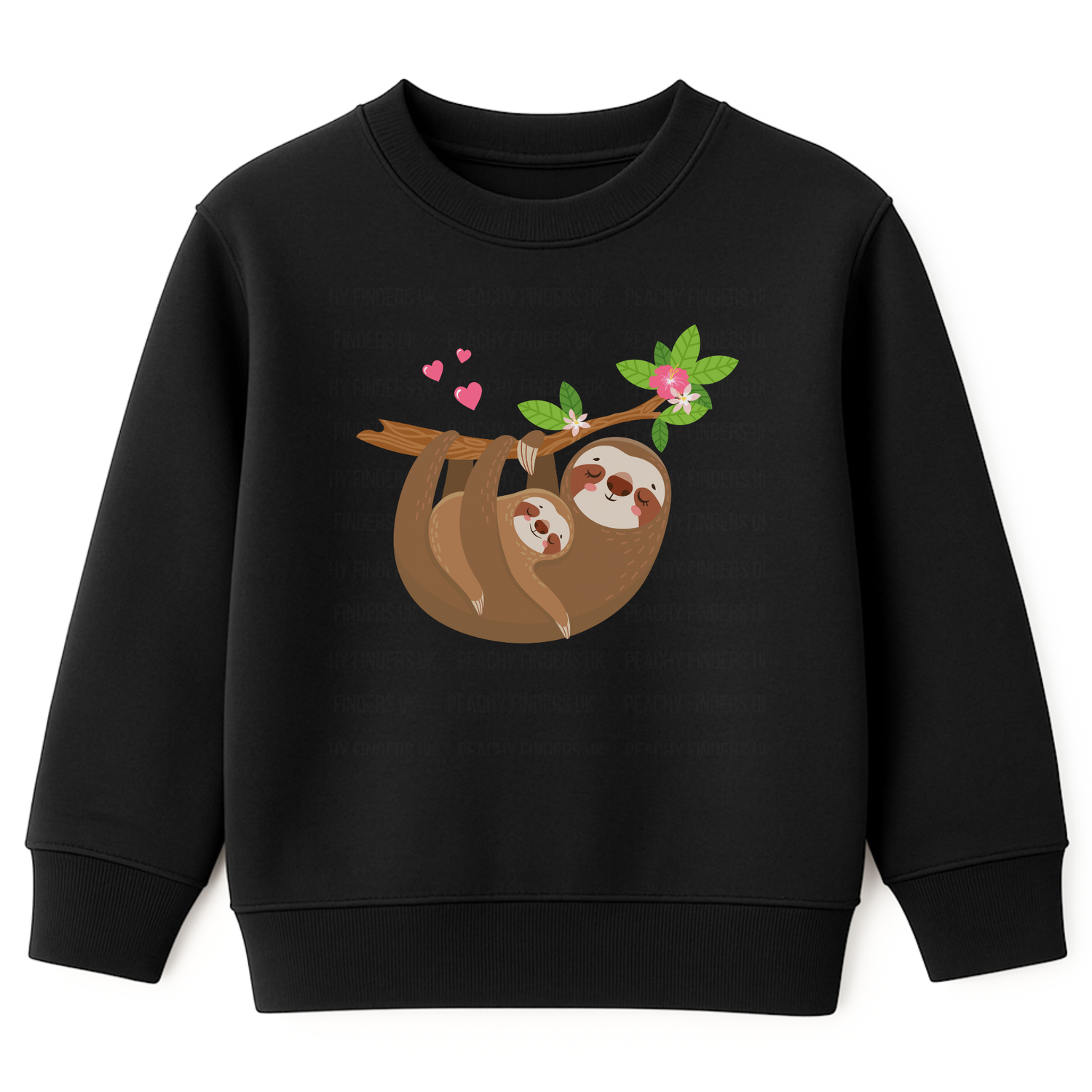 Girls black sweatshirt featuring a cute sloth cuddling a baby sloth on a branch with flowers and hearts.