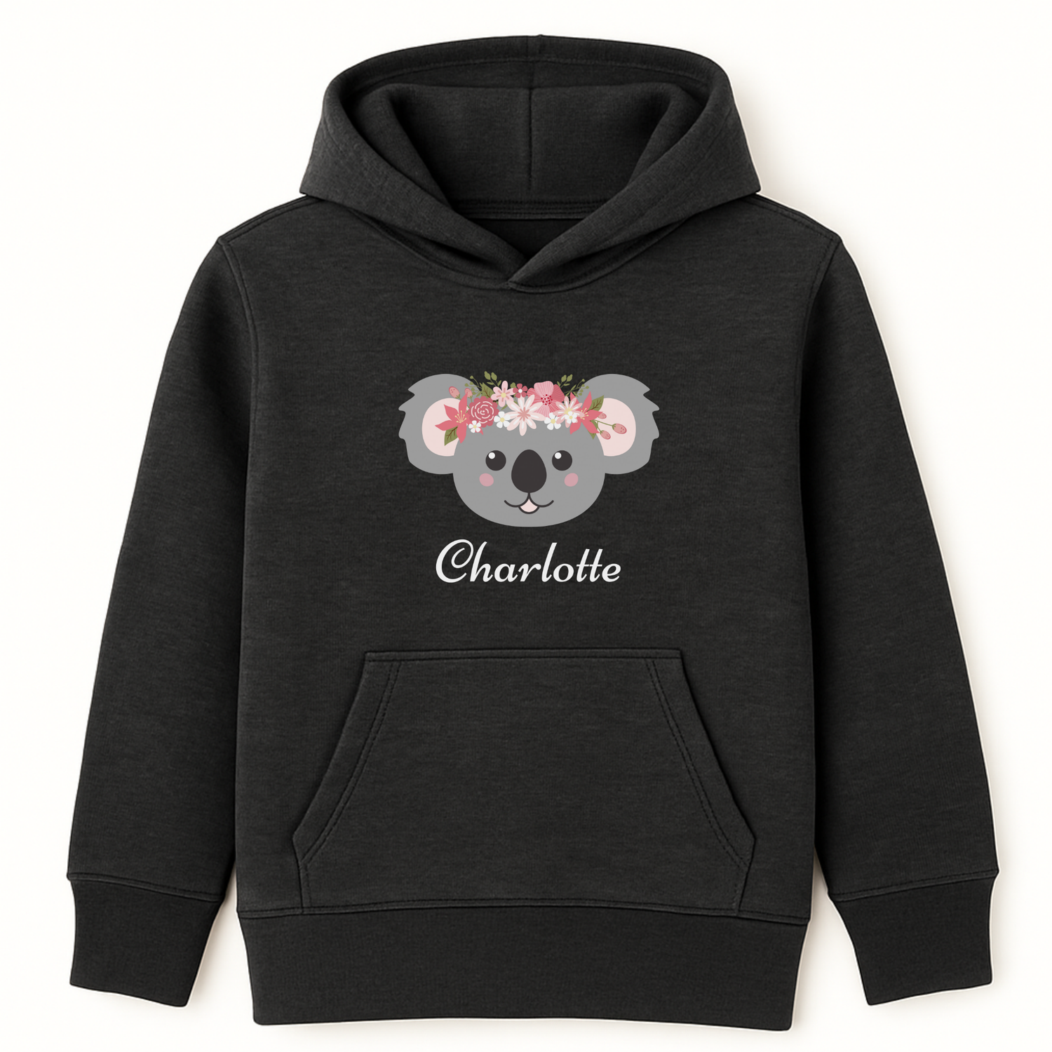 Charcoal heather grey girls personalised hoodie featuring a cute koala face wearing a floral crown with pink and white flowers, customised with the name.