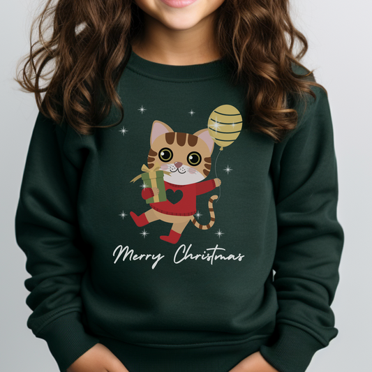 Girls Festive Cute Cat Christmas Sweatshirt | 3 -13 years